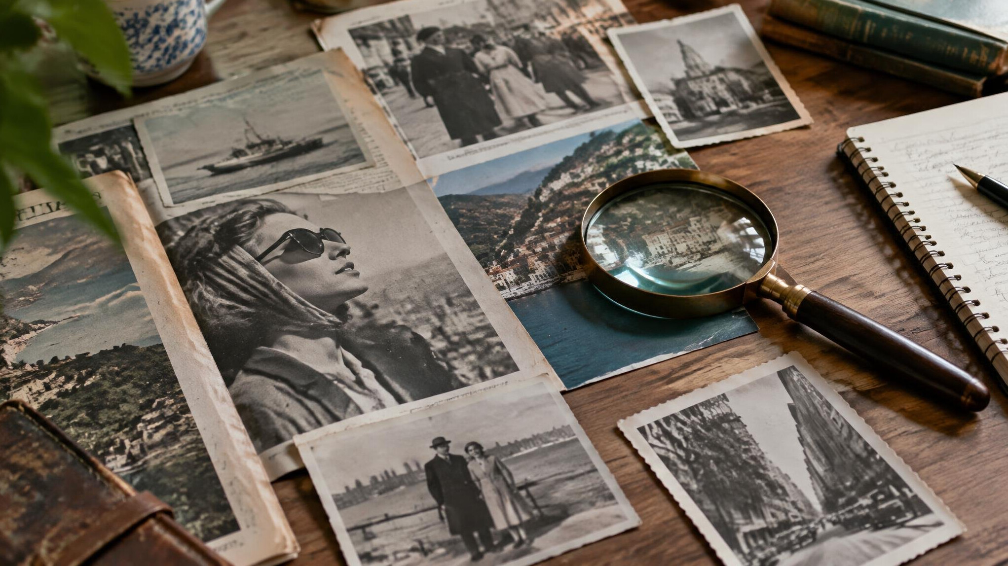 Researcher reviewing archival magazine clippings and photographs at a desk
