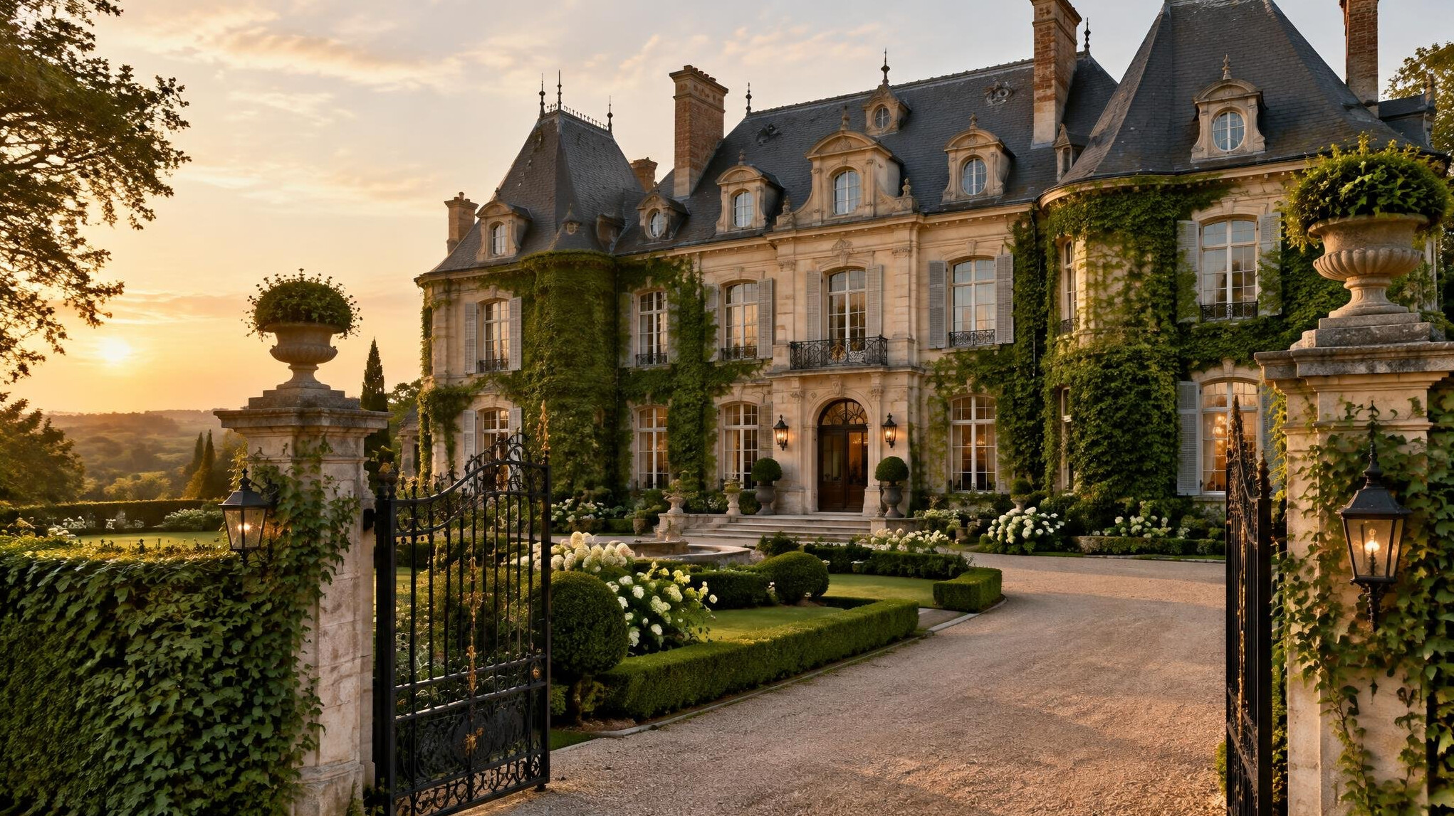 Facade of a grand celebrity mansion surrounded by gardens