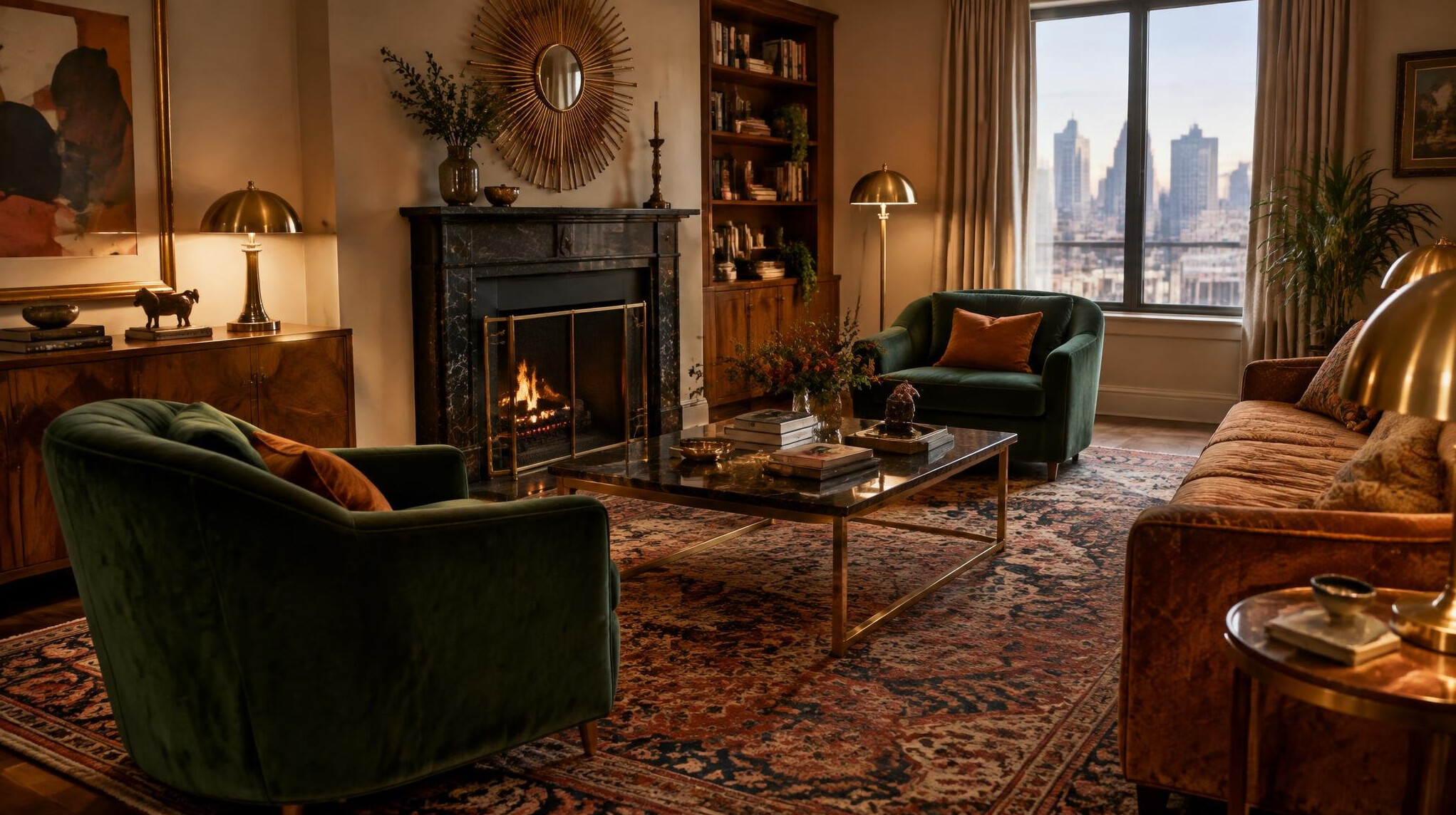 Sophisticated living room interior with vintage furniture and warm lighting