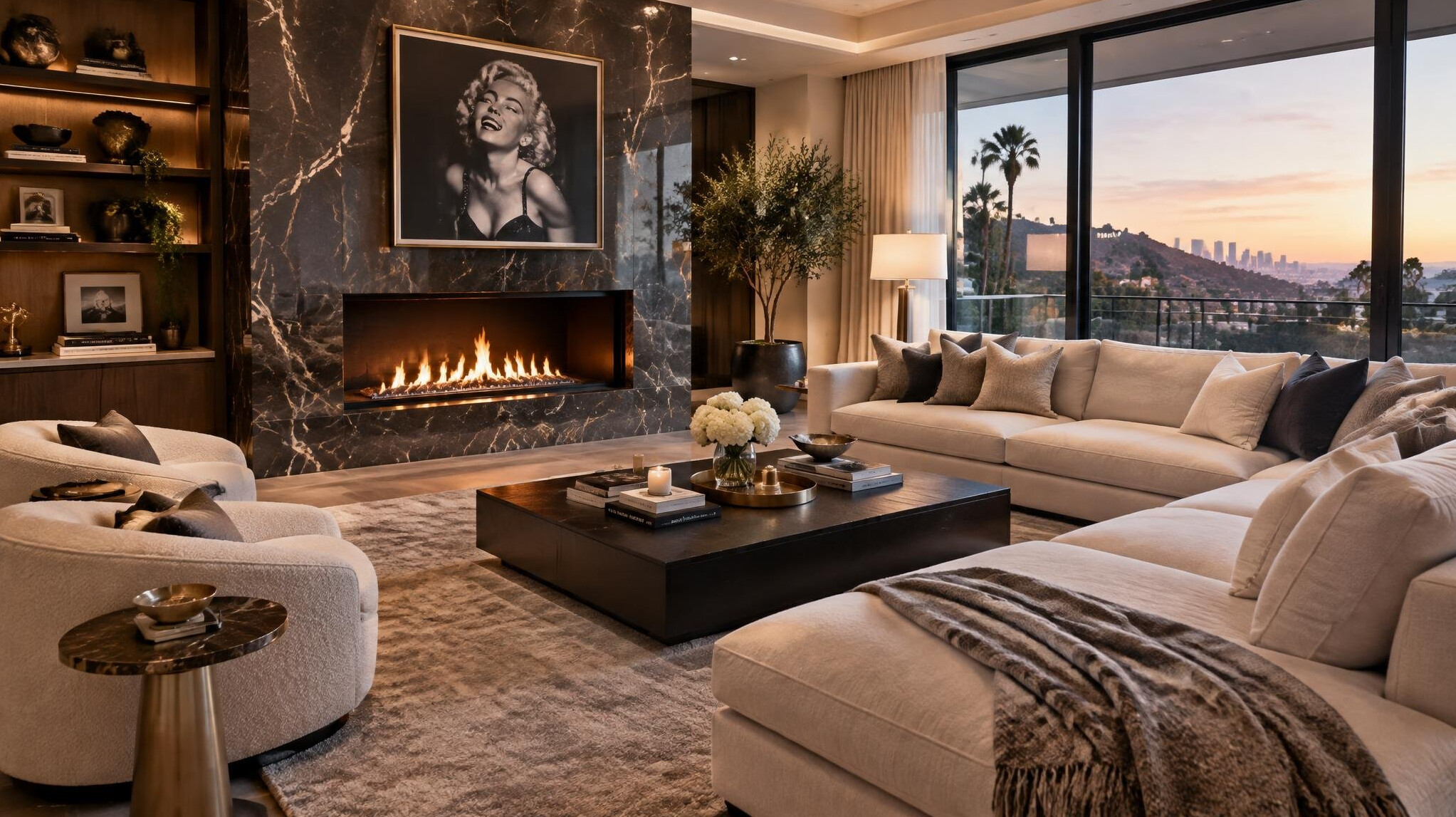 luxury living room with fireplace
