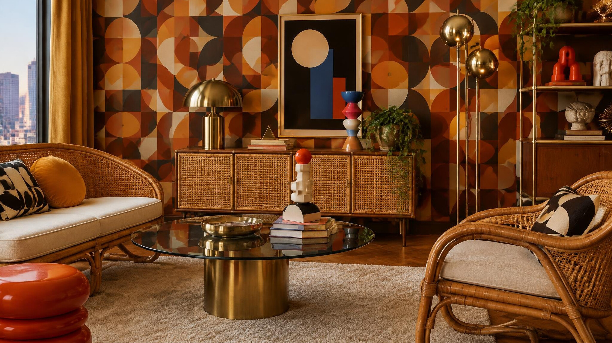 Retro 1980s style room with bold patterns and vintage decor