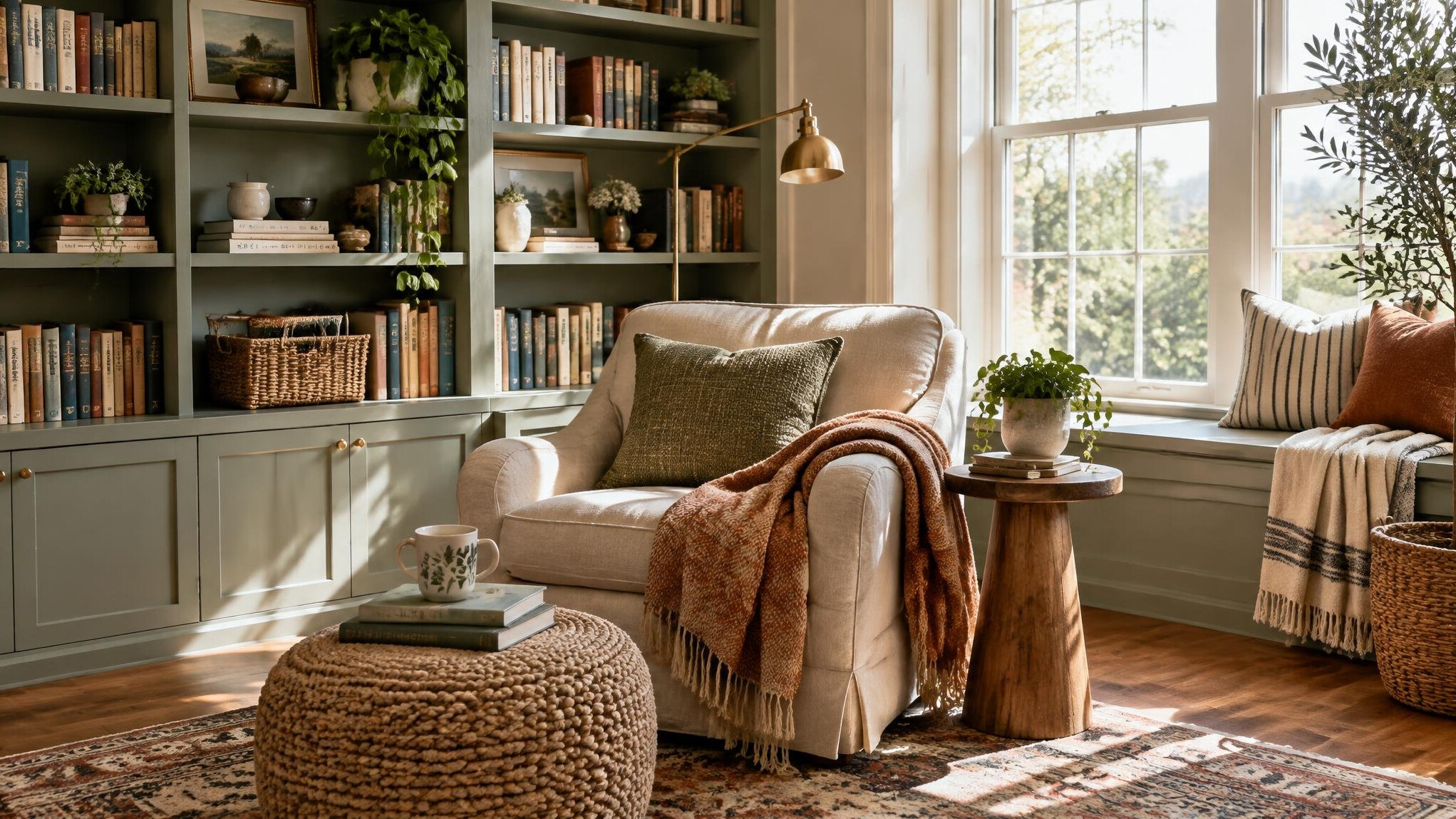 Sunlit reading nook with bookshelves and decorative plants