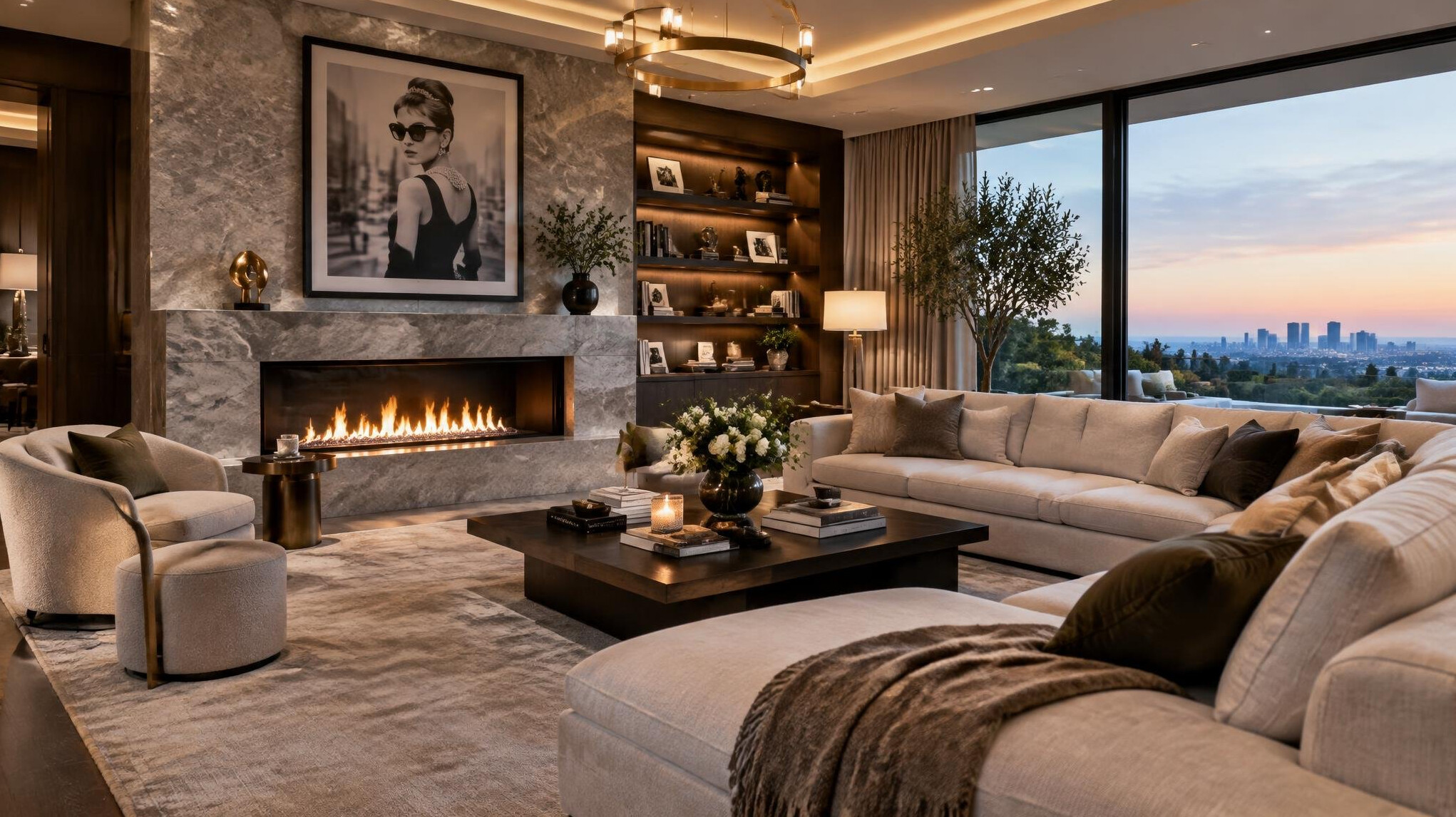 luxury living room with fireplace