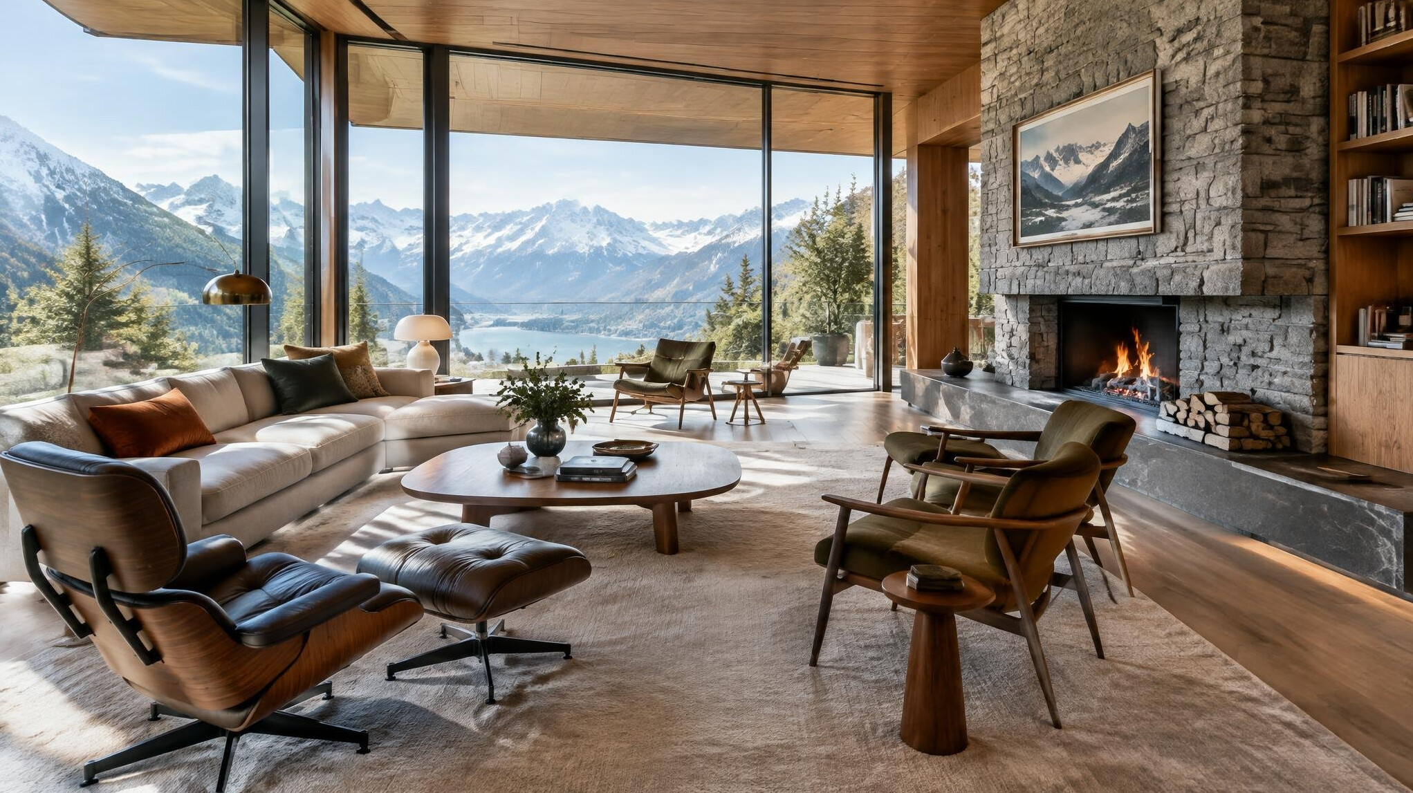 Elegant living room of a Swiss celebrity villa with large windows and mountain view