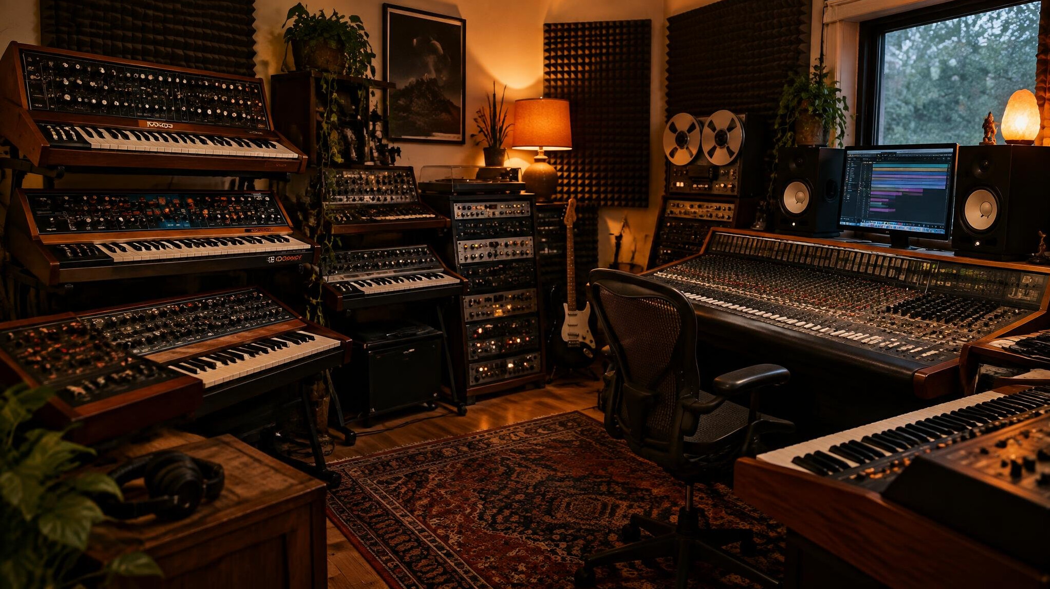 Home recording studio with vintage synthesizers and mixing console
