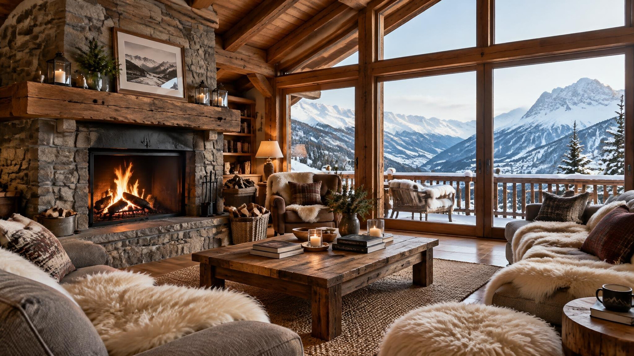Cozy wooden alpine chalet interior with fireplace and mountain view